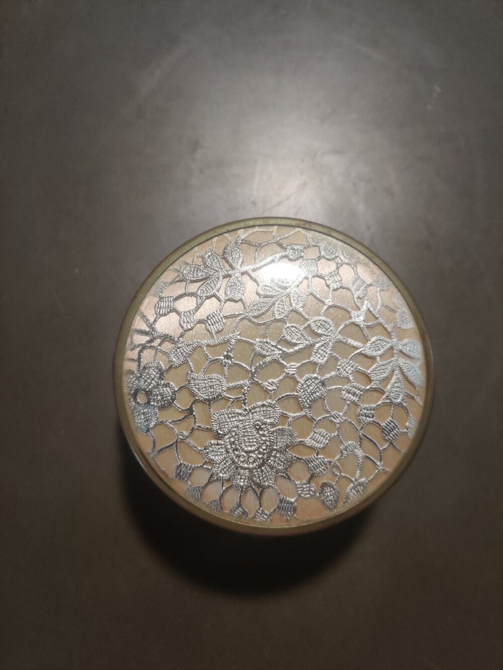 Vintage Ornate Glass Powder Jar with Metal Floral Patterned Lid
